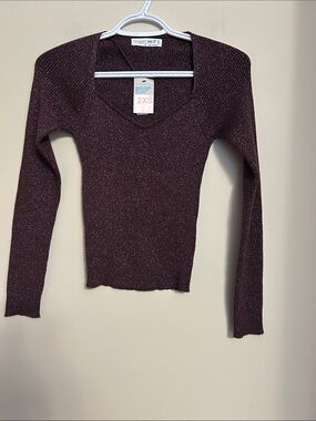 Primark Cares stretchy sparkly purple rib-knit sweater squared out neckline 2XS